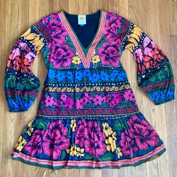 Stunning vibrant Anthropologie x Farm Rio Dress V-Neck Puff Sleeve - Picture 3 of 11